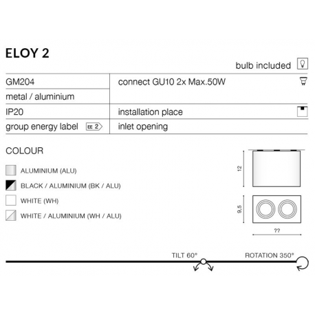 ELOY 2 GM4204 BK/ALU LAMPA NATYNKOWA AZZARDO ALUMINIUM/ CZARNY
