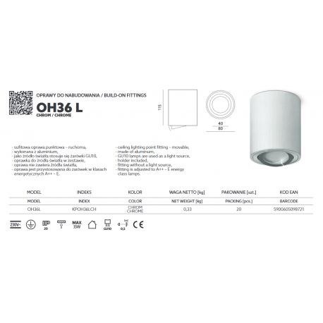 LAMPA NATYNKOWA TUBA RUCHOMA KPOH36LCH OH36L KOBI