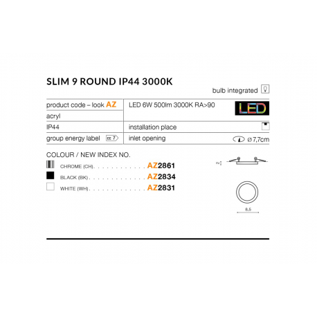 SLIM 9 ROUND 4000K WHITE IP44 AZ2832 LAMPA SUFITOWA PLAFON LED AZZARDO