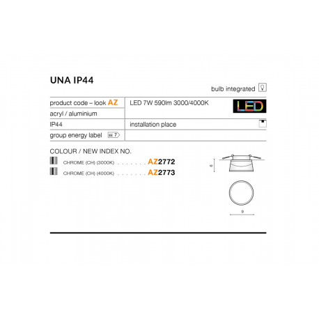 UNA IP44 3000K CHROME AZ2772 LAMPA WPUSZCZANA OCZKO LED AZZARDO
